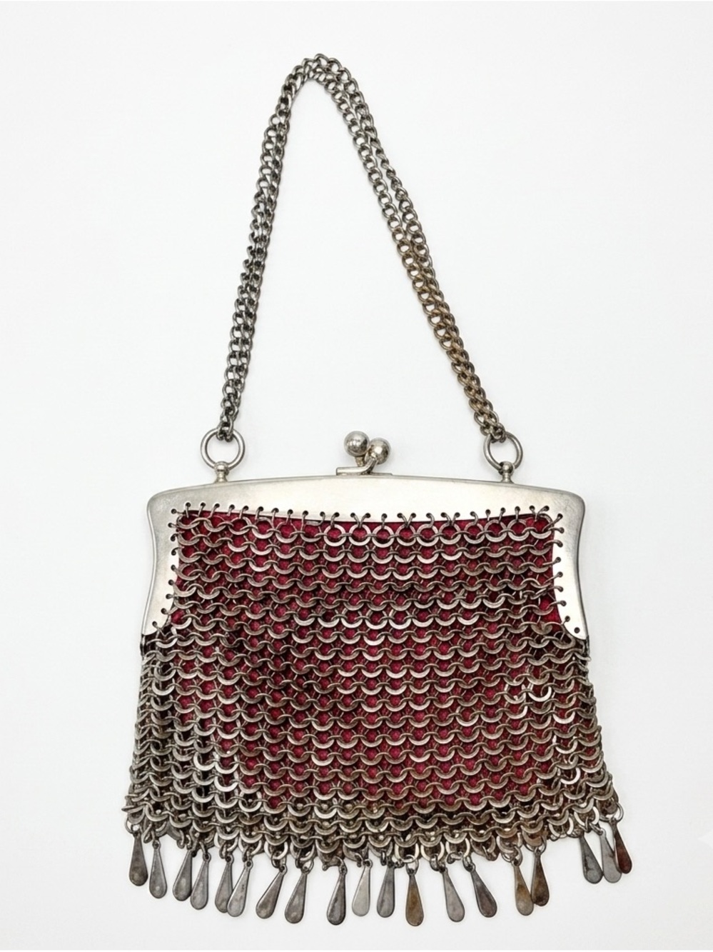 Antique German Silver Ring Mesh Coin Purse Victorian Art Deco Pink Silk Liner